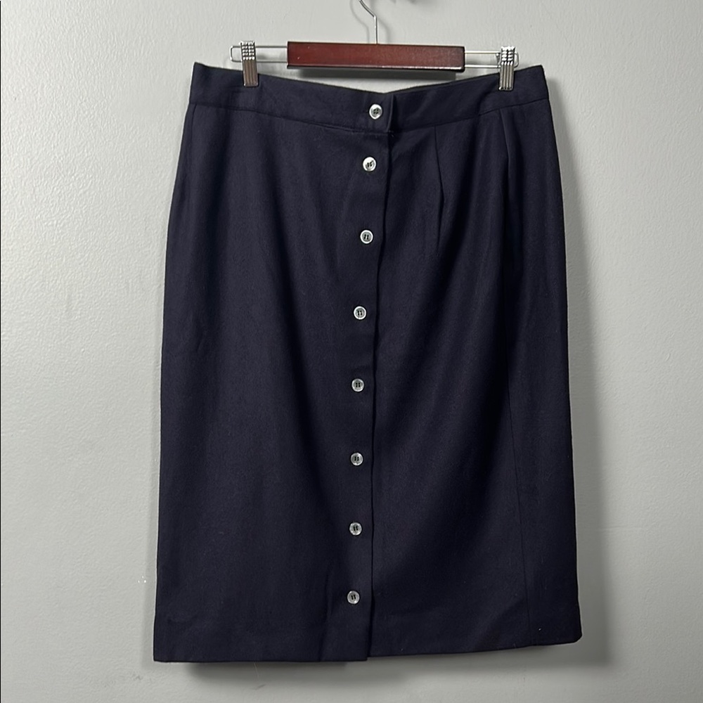 VTG Wool Briggs Navy Front Button- down Midi Lined Skirt size 18 Classic